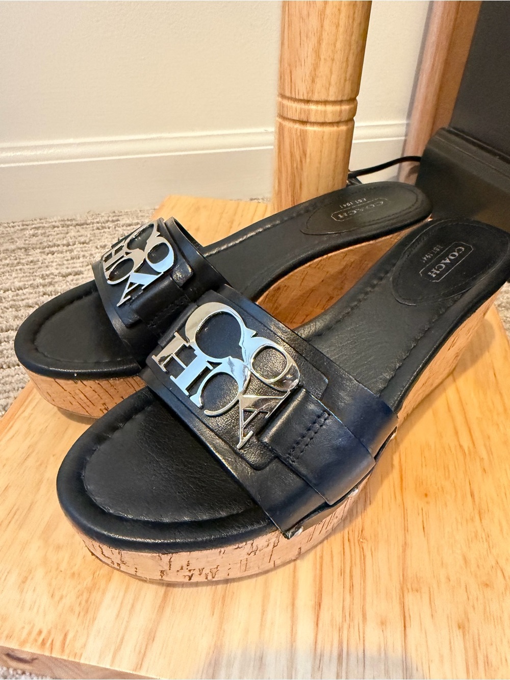 Coach Black Leather Logo Cork Wedge Mules